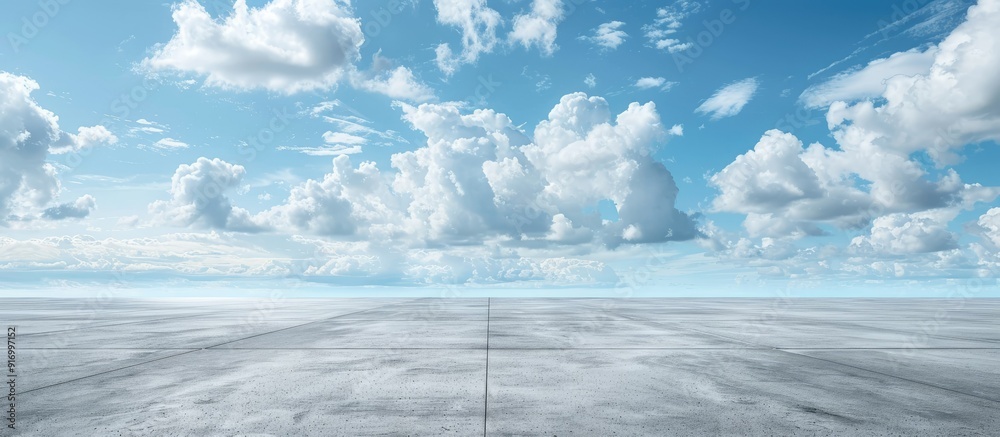 Poster empty concrete floor under a blue sky background with clouds on the horizon ideal for copy space ima