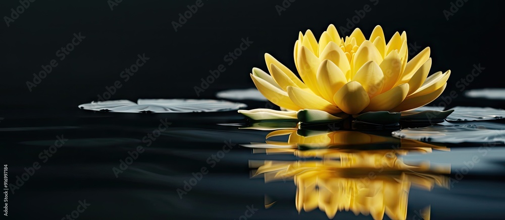 Poster Yellow lotus in bloom on a black background with a water reflection in the copy space image