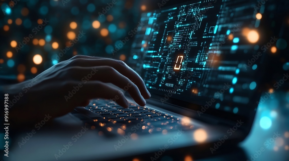 Fototapete Cybersecurity privacy of data protection Businessman using laptop protection and Secure encryption technology firewall security in online network secured access to user personal data c : Generative AI