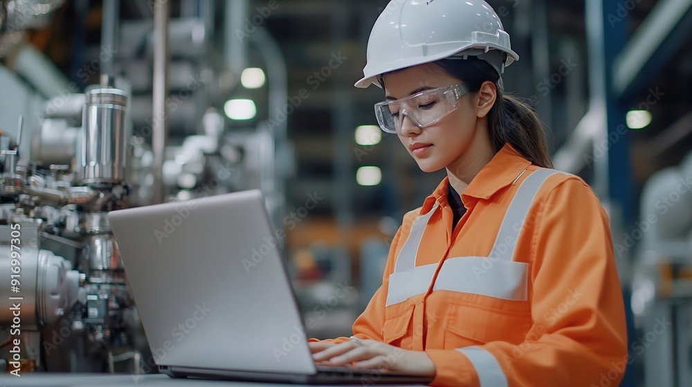 Poster female engineer using laptop computer for safety control checks or manufacturing maintenance work in