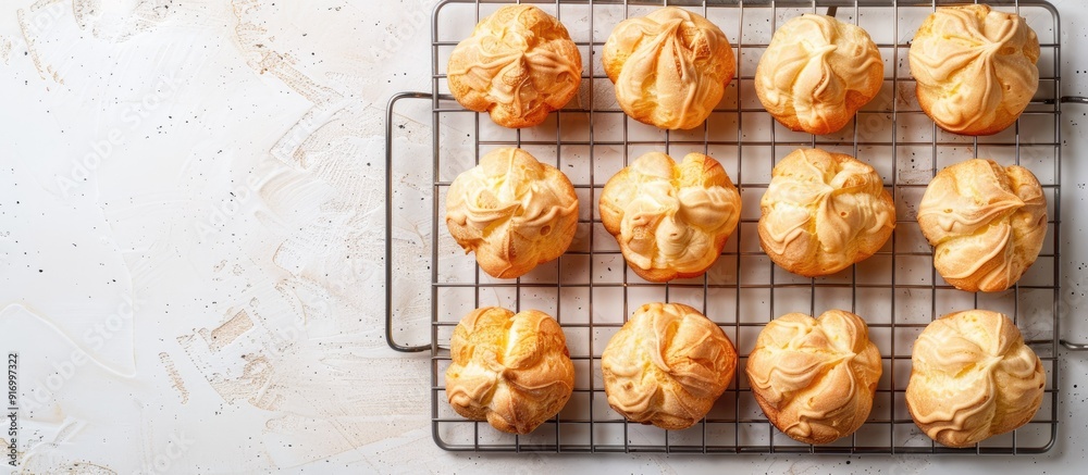 Poster Cream puffs displayed on a wire cooling rack against a white backdrop with available copy space image