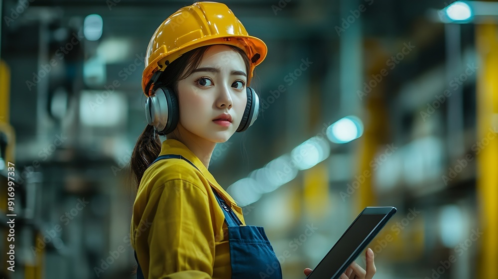 Poster pretty factory worker woman use walkie talkie to contact with team or coworker and also hold tablet 