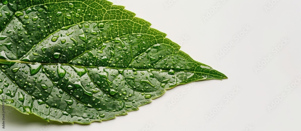 Poster Fresh green leaf with insect bite marks creating a natural pattern on a copy space image