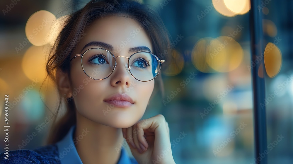 Aufkleber pride thinking and woman with future window and decision with corporate professional and success per