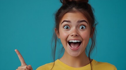 Excited happy pretty gen z Latin teen girl joyful Hispanic customer student with wow expression pointing finger up got new wow idea advertising promo on blue background Copy space : Generative AI