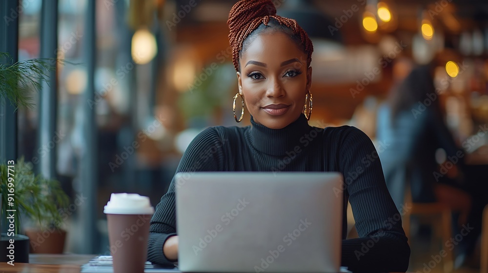 Poster coffee laptop and thank you with a designer black woman at work in her office on a creative project 