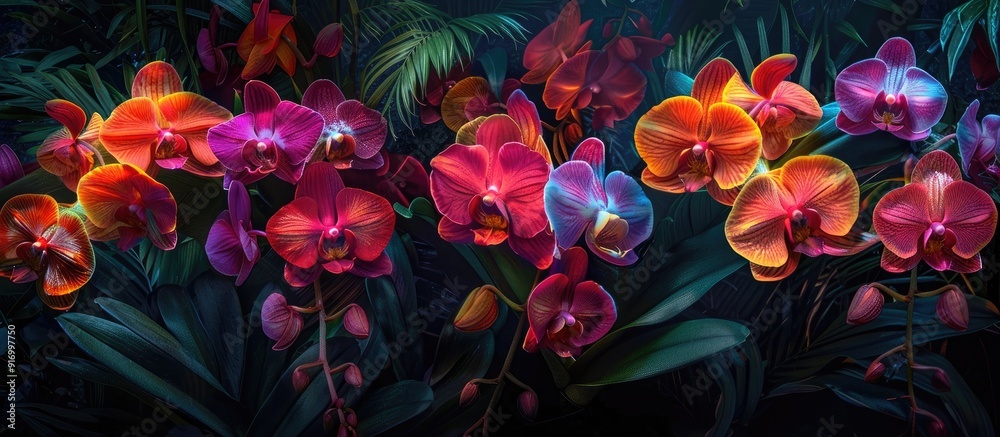 Wall mural a stunning copy space image captivates with a vibrant display of colorful orchids showcasing their e
