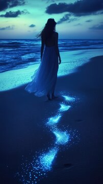 A silhouette of a woman walking on a beach, leaving glowing footprints in the sand at dusk.