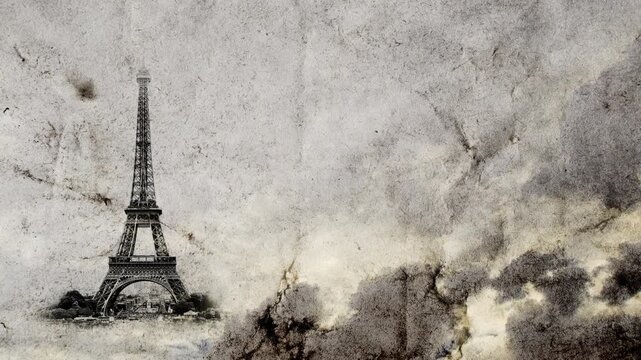 Eiffel Tower in Paris smoothly appears on old, grunge paper with time lapse of sky with clouds. Creative, combined 3D 4K parallax video of high quality. Template for a postcard or historical video.