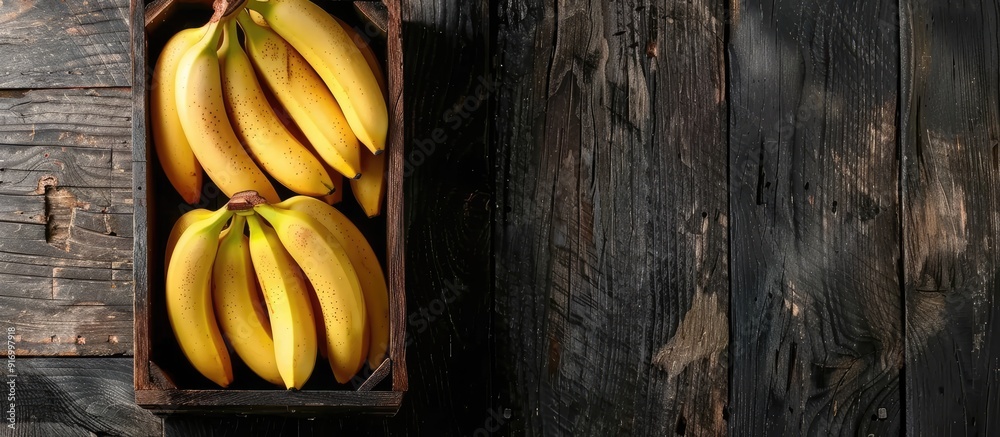 Wall mural Top view of fresh bananas arranged in a wooden box with a free copy space image