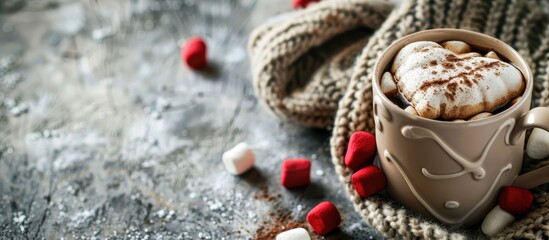Naklejka premium A heart shaped cardboard and a mug of cocoa with marshmallows on a gray table create a cozy mood conveying comfort in solitude with plenty of copy space image