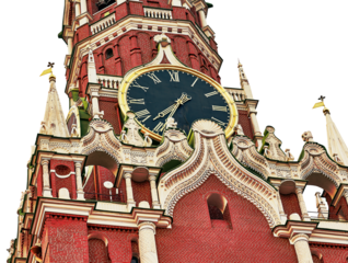 The main clock of the Moscow Kremlin, Kuranti, on Red Square, Spasskaya Tower. View from below. Isolated on  background. Close-up.  Transparent background.    