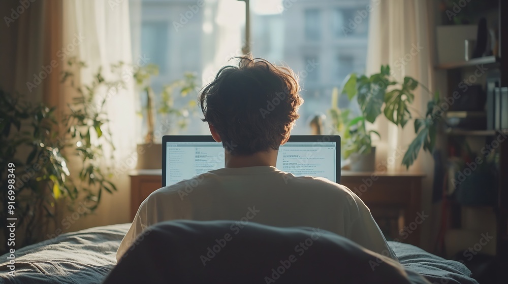 Poster Rear view of young man using laptop computer checking email in morning at home : Generative AI