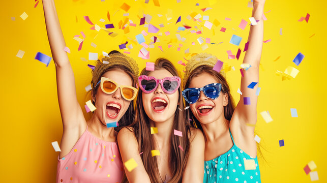 Three teenage friends in party glasses under falling confetti against bright yellow background