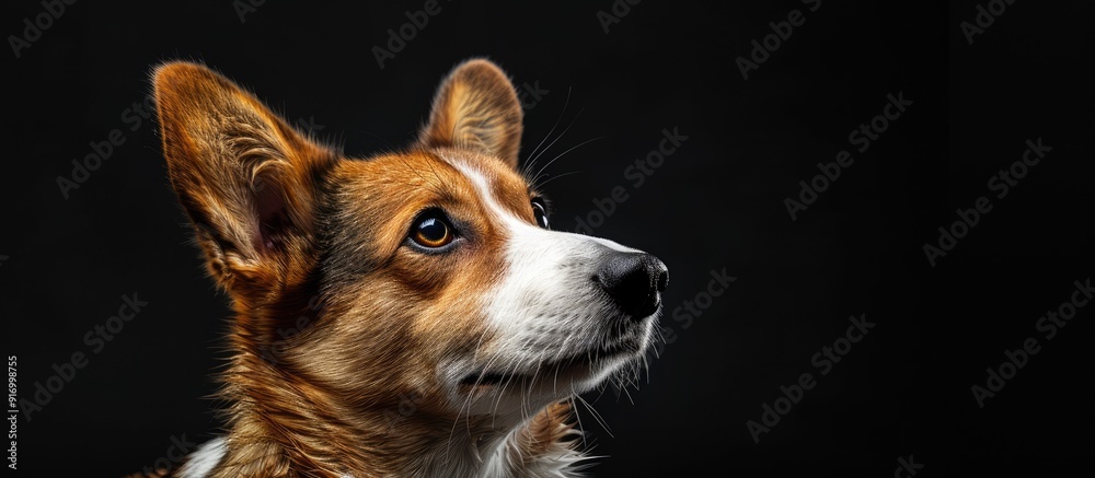 Poster Welsh Corgi Cardigan dog captured in a studio setting isolated against a black backdrop with copy space image
