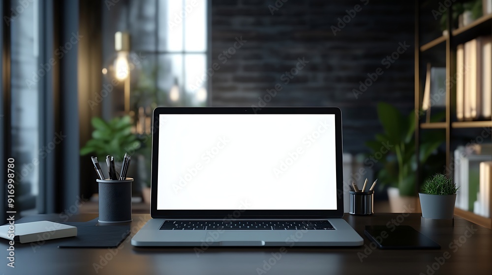 Aufkleber Workplace laptop computer with blank empty white screen display monitor on desk Mock up copy space Home office concept Business working from home studying elearning web site concept : Generative AI