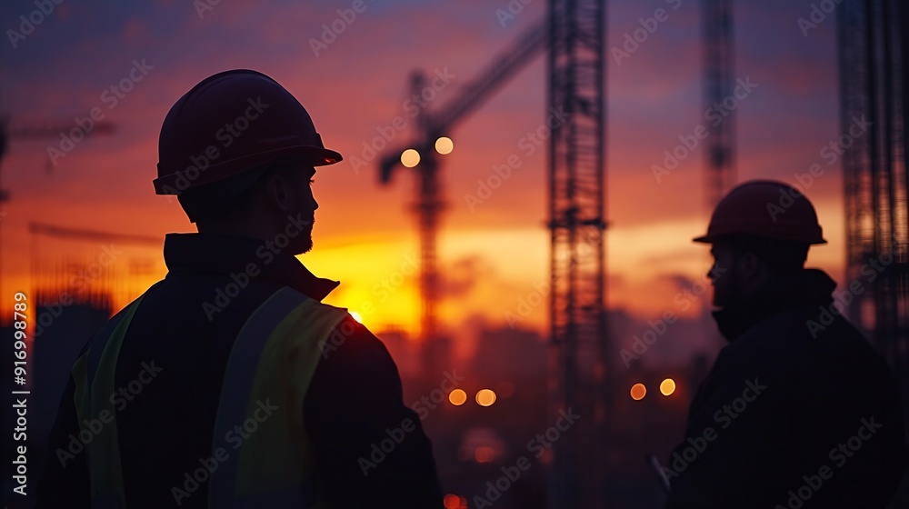 Poster a team of engineers on a construction site pass a blurry construction site at sunset : generative ai
