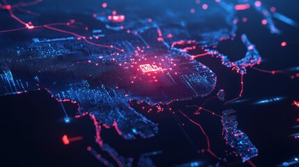 Digital World Map with Red and Blue Connections