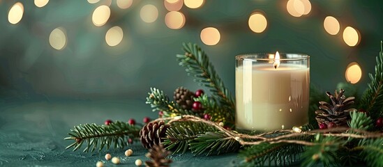 A Christmas gift concept featuring a festive Christmas candle made of natural soy wax adorned with spruce branches and garlands for a cozy holiday vibe in a copy space image