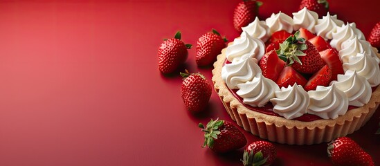 Naklejka premium Red velvet tart with strawberries and whipped cream on a red background copy space image