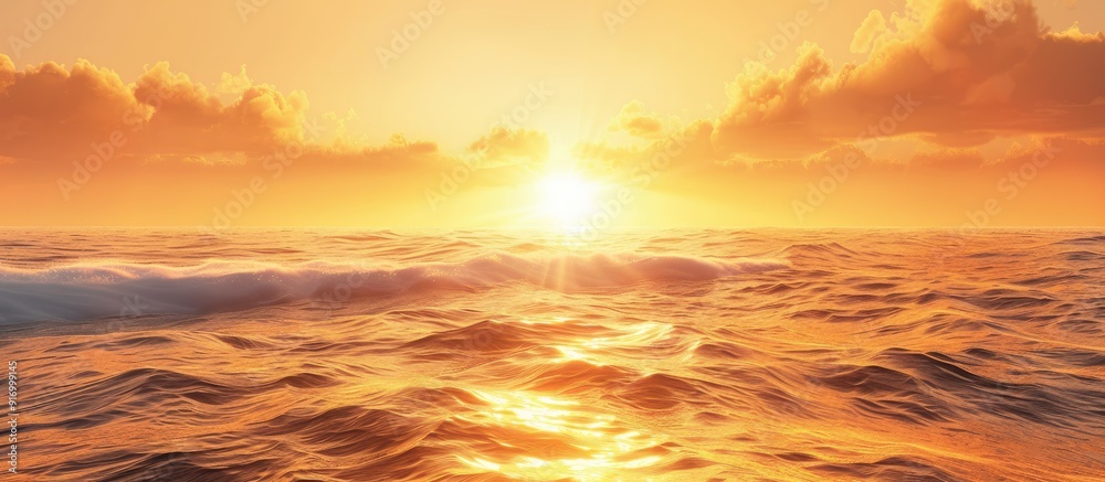 Poster sunset sky with orange and yellow sunlight over the sea creating a golden hour summer landscape with