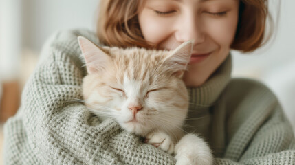 A young woman hug and love adorable kitten cat in warmth when the weather is cold. Warmth between people and pets