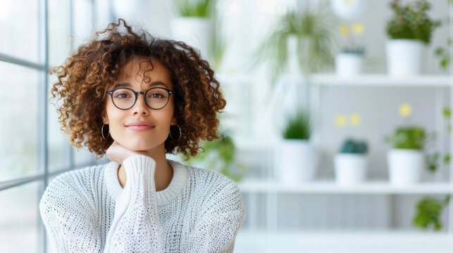 Portrait young African American businesswoman forist wearing glasses and smiling in modern office of plant shop or 