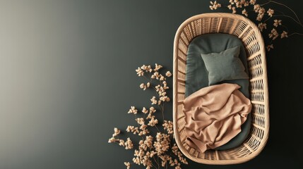 A wicker bassinet with a soft peach blanket and a teal pillow, surrounded by scattered white flowers on a dark green background.