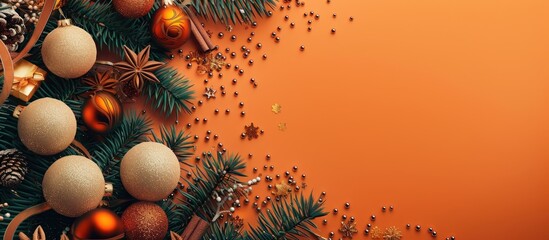 Christmas themed frame featuring pomander balls cinnamon and tree branches against an orange backdrop suitable for copy space image