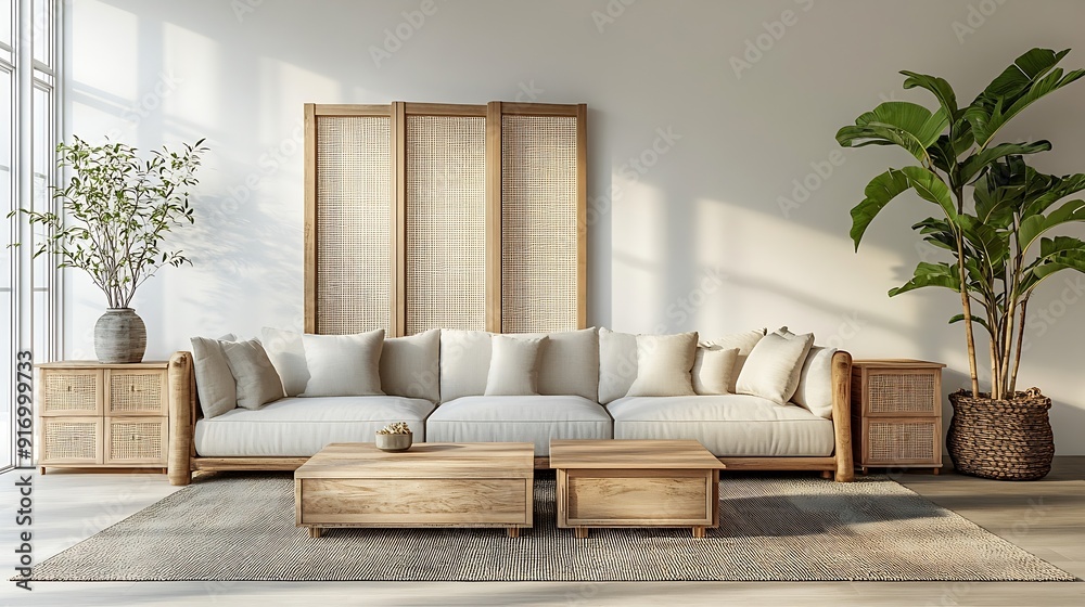 Poster light living room with folding screen comfortable sofa coffee table and chest of drawers : generativ