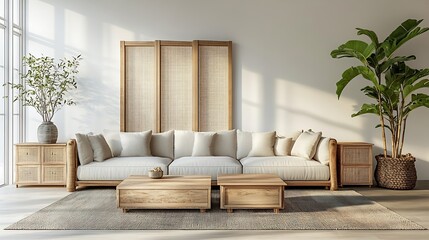Light living room with folding screen comfortable sofa coffee table and chest of drawers : Generative AI