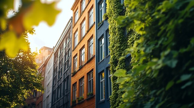 Green building stands out among the houses Renovation and environmental improvement of old buildings Net Zero Carbon neutrality Environmentally friendly energy efficient and zero emiss : Generative AI