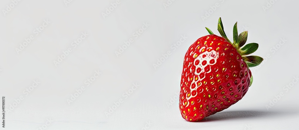 Poster Close up of a ripe strawberry on a white background representing a natural spring delicacy with copy space image