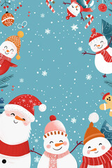 Vertical template for Christmas invitation card with childish illustrations of snowmen, snowflakes, candy canes, Christmas balls and Christmas trees with copy space for text