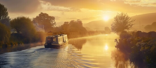 A serene sunrise scene featuring a houseboat barge peacefully navigating an Irish canal with a scenic view and plenty of copy space image for text or graphics