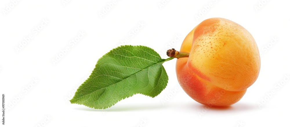 Aufkleber Isolated on a white background an apricot fruit with a green leaf is displayed with a clipping path for easy editing alongside a copy space image