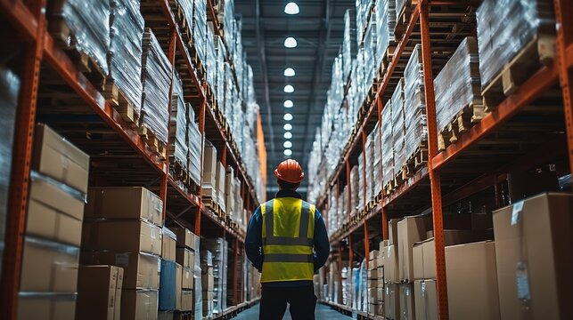 Warehouse employees in warehouse Two workers in reflective clothing in modern industrial factory heavy industry manufactrury : Generative AI
