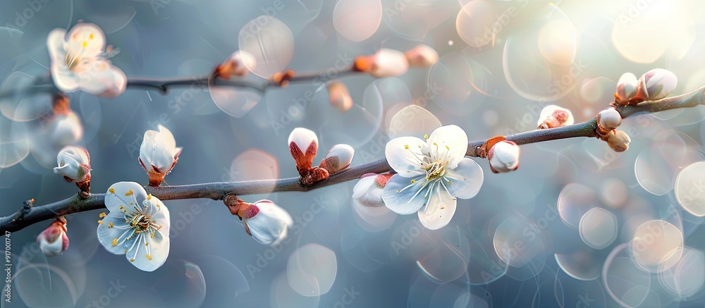 Poster close up image of a branch showcasing white spring flowers and buds against a blurred background per