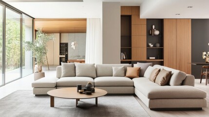 A well-organized living room with a sectional sofa, built-in storage units, and a contemporary coffee table.