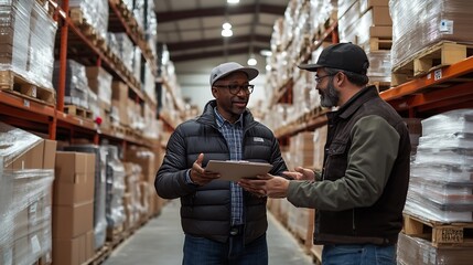 Distribution warehouse owner and workers having team meeting : Generative AI