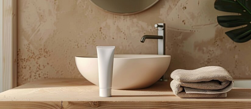 Close up of a white cream tube placed on a brown wooden countertop in a beige bathroom accompanied by a grey folded towel and a vessel basin cosmetic mockup for brand packaging with copy space image