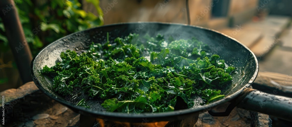 Poster a close up image of simmered kale in a pan on an asian style rural charcoal stove with copy space im