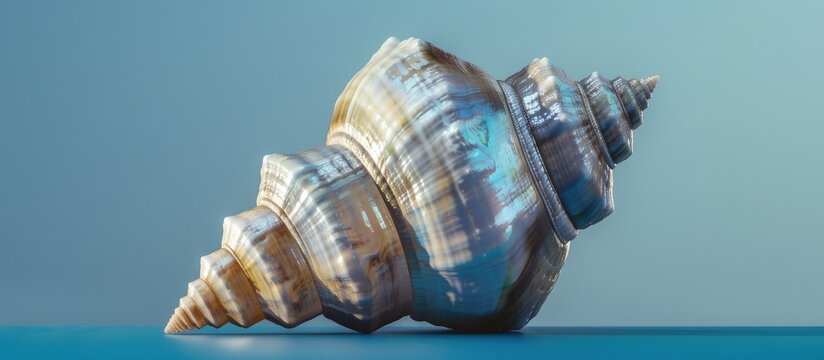 A sizable cone shaped mother of pearl shell set against a blue backdrop with space for additional imagery