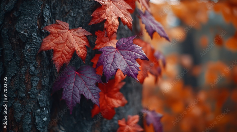 Poster Red and violet spiky leaves with veins on surface growing on tree in forest in autumn in daylight : Generative AI