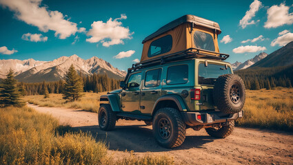 Obraz premium Off-road vehicle with rooftop tent stands on dirt path surrounded by mountains