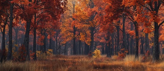 Obraz premium Vivid autumn foliage adorns the forest creating a stunning scene with trees of fiery hues providing a captivating copy space image