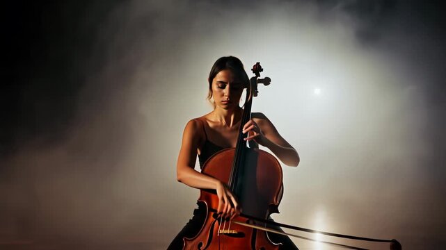 Instrumental live music concert. Classical musician. Musical performer play cello with bow at theatre stage. Cellist player solo perform. Elegant female artist silhouette. Beautiful professional girl.