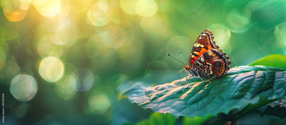 Fototapete butterfly resting gracefully on a leaf in a summery setting with ample copy space image