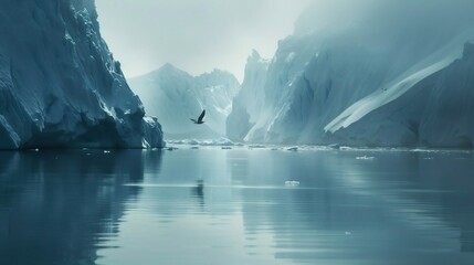 A Bird Flies Through the Mist in a Glacial Landscape