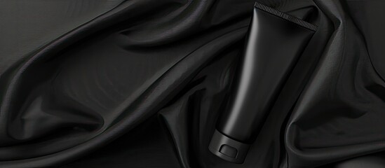 Fototapeta premium Tube of black cream against a black fabric backdrop for a simulated design in a copy space image